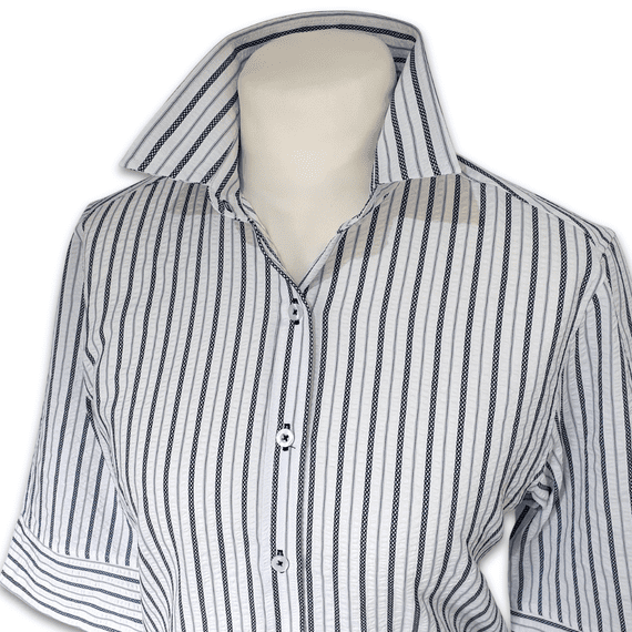 Grenouille Ladies 3/4 Sleeve White & Navy Stripe Seersucker Shirt