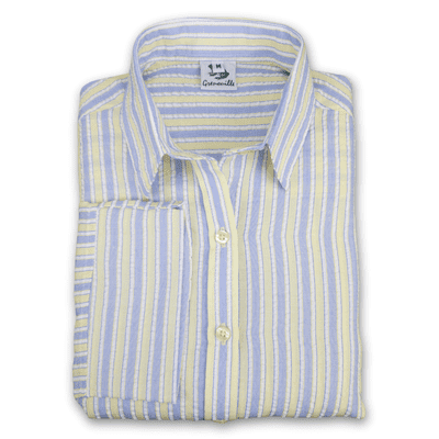 Grenouille Ladies 3/4 Sleeve Yellow & Blue Stripe Seersucker Shirt