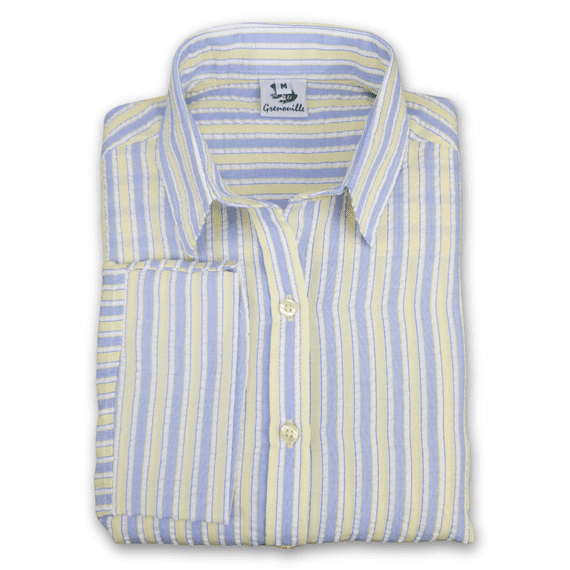 Grenouille Ladies 3/4 Sleeve Yellow & Blue Stripe Seersucker Shirt