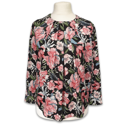 Grenouille Ladies Black and Pink Floral Pleat Neck Satin Blouse