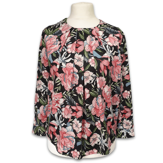 Grenouille Ladies Black and Pink Floral Pleat Neck Satin Blouse