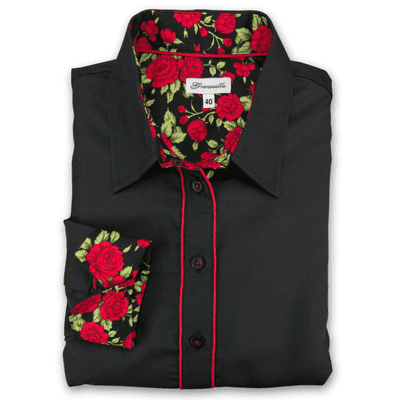 Grenouille Ladies Black Shirt with with Red Rose Accent Details
