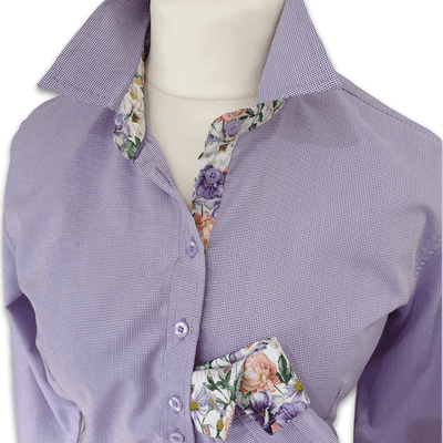 Grenouille Ladies Blue & Pink Birds Eye Weave Shirt with Lilac Wildflower Details