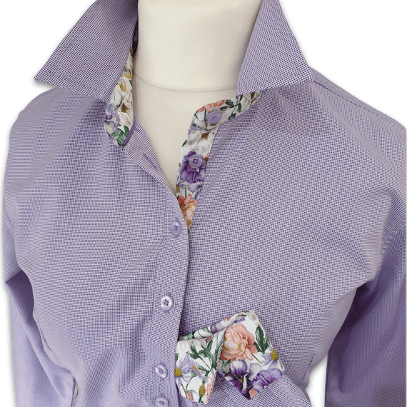 Grenouille Ladies Blue & Pink Birds Eye Weave Shirt with Lilac Wildflower Details