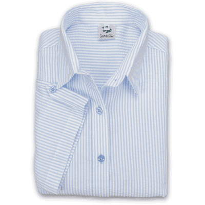 Grenouille Ladies Cap Sleeve Blue and White Stripe Seersucker Shirt