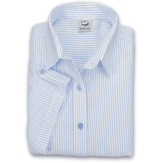 Grenouille Ladies Cap Sleeve Blue and White Stripe Seersucker Shirt