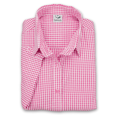Grenouille Ladies Cap Sleeve Dark Pink and White Gingham Check Seersucker Shirt