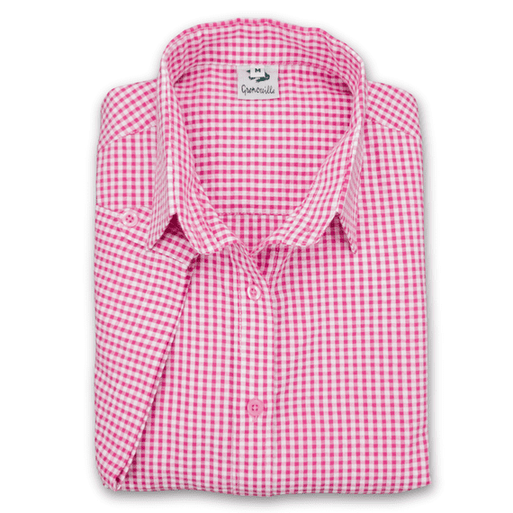 Grenouille Ladies Cap Sleeve Dark Pink and White Gingham Check Seersucker Shirt