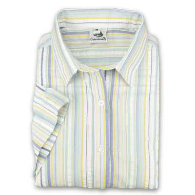 Grenouille Ladies Cap Sleeve Green, Yellow and Purple Stripe Seersucker Shirt