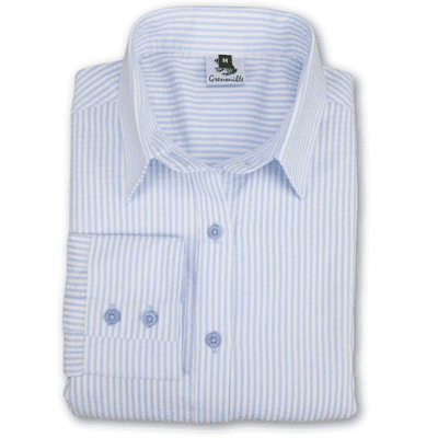 Grenouille Ladies Classic Long Sleeve Blue and White Stripe Seersucker Shirt