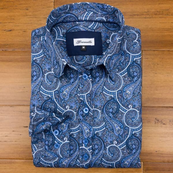 Grenouille Ladies Classic Long Sleeve Blue on Blue Paisley Print Shirt