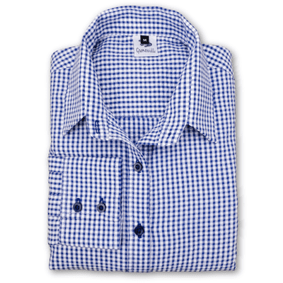 Grenouille Ladies Classic Long Sleeve Dark Blue and White Gingham Check Seersucker Shirt