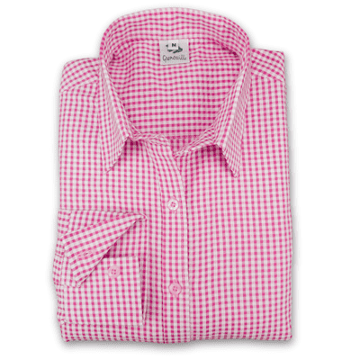 Grenouille Ladies Classic Long Sleeve Dark Pink and White Gingham Check Seersucker Shirt