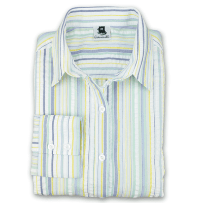 Grenouille Ladies Classic Long Sleeve Green, Yellow and Purple Stripe Seersucker Shirt