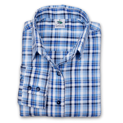 Grenouille Ladies Classic Long Sleeve Multi Blue Check Seersucker Shirt