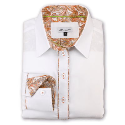 Grenouille Ladies Classic Long Sleeve White Shirt with Orange Paisley Accents