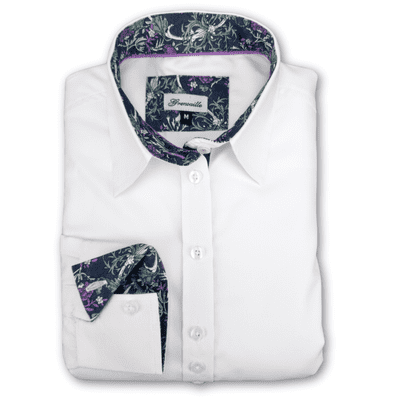 Grenouille Ladies Classic Long Sleeve White Shirt with Purple and Green Vintage Vines Accents