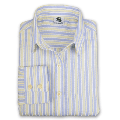Grenouille Ladies Classic Long Sleeve Yellow & Blue Stripe Seersucker Shirt