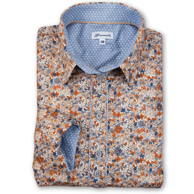 Grenouille Ladies Long Sleeve Beige and Blue Flower Print Shirt