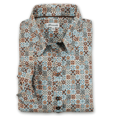 Grenouille Ladies Long Sleeve Beige, Brown and Blue Moroccan Tile Print Shirt