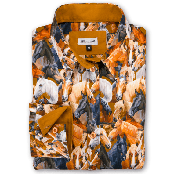 Grenouille Ladies Long Sleeve Beige & Brown Horse Print Shirt