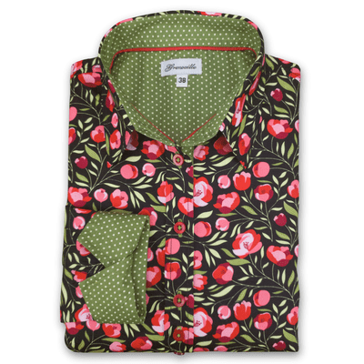 Grenouille Ladies Long Sleeve Black, Red and Green Flower Print Shirt