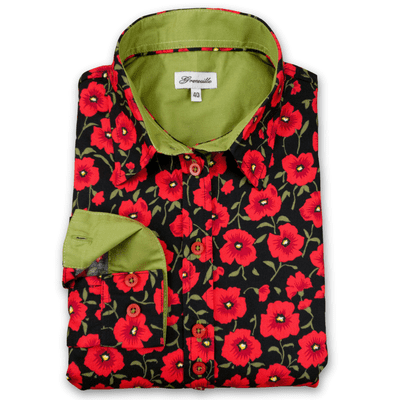 Grenouille Ladies Long Sleeve Black with Red Poppy Print Shaped Fit Shirt