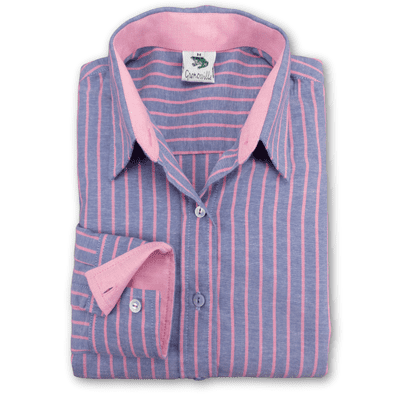 Grenouille Ladies Long Sleeve Blue and Pink Stripe Cotton Oxford Shirt