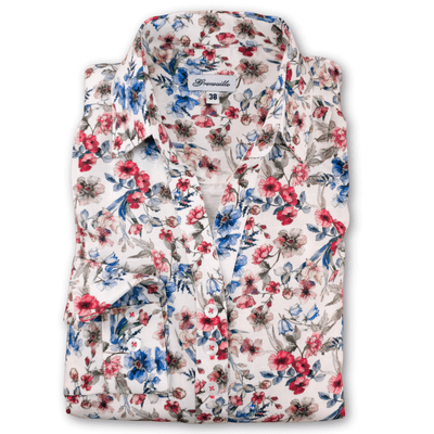 Grenouille Ladies Long Sleeve Blue and Red Wildflower Print Open Neck Blouse