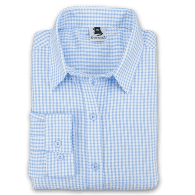 Grenouille Ladies Long Sleeve Blue and White Gingham Check Seersucker Shirt