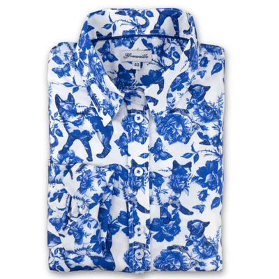 Grenouille Ladies Long Sleeve Blue Cat and Flower Print Shaped Fit Shirt