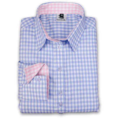Grenouille Ladies Long Sleeve Blue Check Easy Care Cotton Shirt
