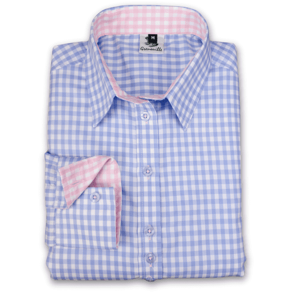 Grenouille Ladies Long Sleeve Blue Check Easy Care Cotton Shirt