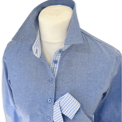 Grenouille Ladies Long Sleeve Blue Cotton Oxford Shirt with Gingham Details