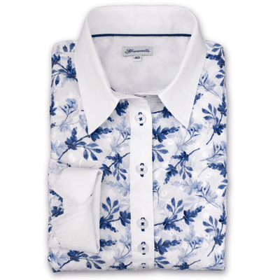 Grenouille Ladies Long Sleeve Blue Floral Embroidered Shaped Fit Shirt