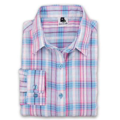 Grenouille Ladies Long Sleeve Blue, Lilac and Pink Check Seersucker Shirt