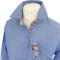 Grenouille Ladies Long Sleeve Blue Oxford Shirt with Red & Blue Floral Accent