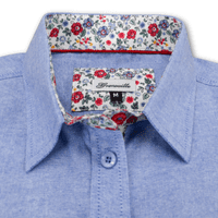 Grenouille Ladies Long Sleeve Blue Oxford Shirt with Red & Blue Floral Accent
