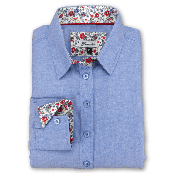 Grenouille Ladies Long Sleeve Blue Oxford Shirt with Red & Blue Floral Accent