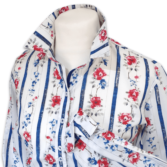 Grenouille Ladies Long Sleeve Blue & Red Floral Striped Cotton Shirt