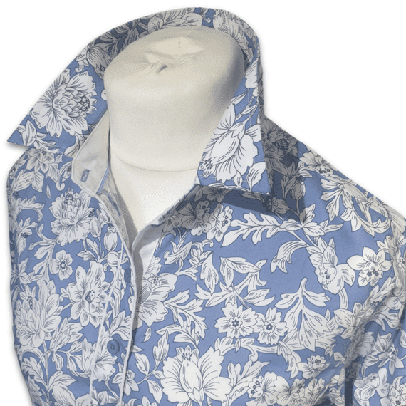 Grenouille Ladies Long Sleeve Blue & White Vintage Style Floral Print Shirt