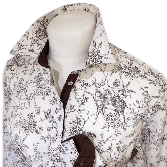 Grenouille Ladies Long Sleeve Brown Countryside Sketch Print Cotton Shirt