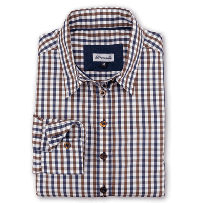 Grenouille Ladies Long Sleeve Brown & Navy Check Easy Care Cotton Shirt