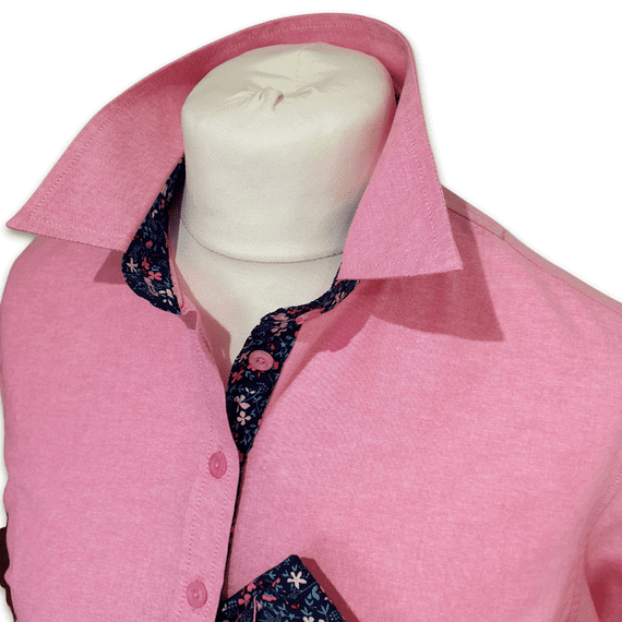 Grenouille Ladies Long Sleeve Dark Pink Cotton Oxford Shirt with Navy & Pink Floral Accents