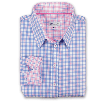 Grenouille Ladies Long Sleeve Easy Care Blue Pink Check Shaped Fit Shirt