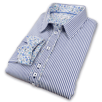 Grenouille Ladies Long Sleeve Easy Care Navy Stripe with Floral Accent Shirt