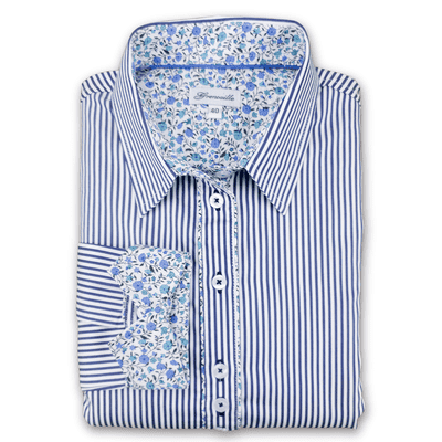 Grenouille Ladies Long Sleeve Easy Care Navy Stripe with Floral Accent Shirt