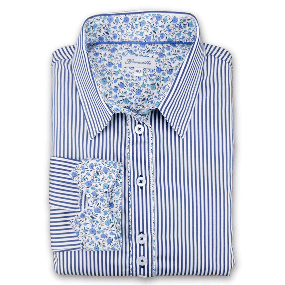 Grenouille Ladies Long Sleeve Easy Care Navy Stripe with Floral Accent Shirt