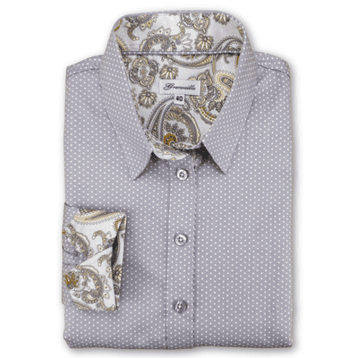 Grenouille Ladies Long Sleeve Grey & White Polka Dot Shirt with Paisley Details