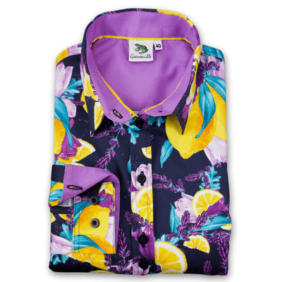 Grenouille Ladies Long Sleeve Lavender and Lemon Black Print Shaped Fit Shirt